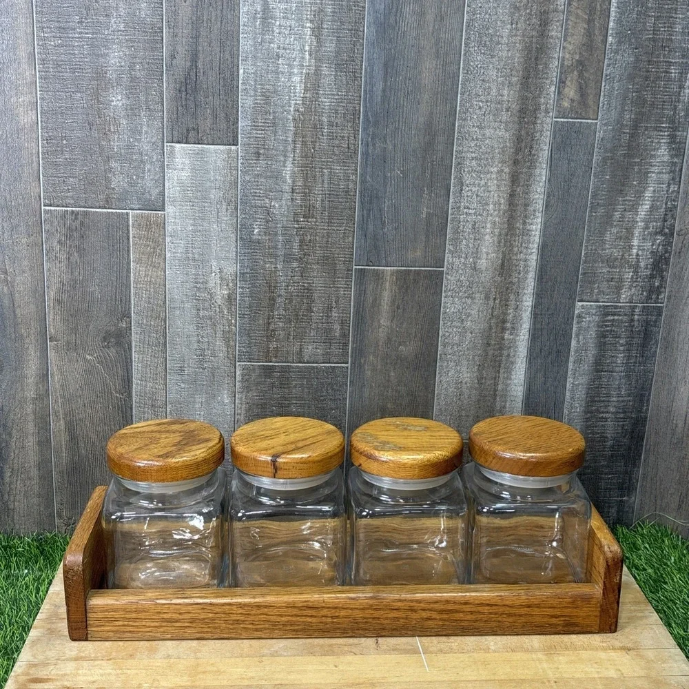 Vintage 1970s Anchor Hocking Glass Canister Set 4 Wood Lids Rack Kitchen